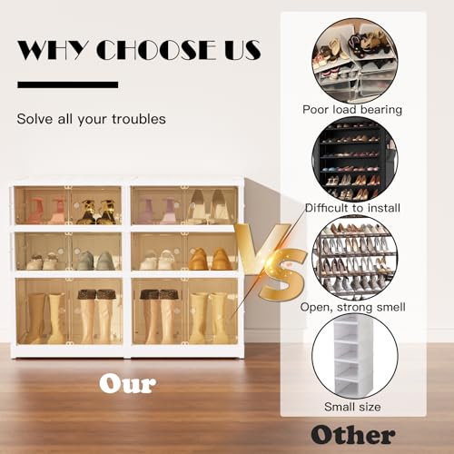 Image of 3-Tier Portable Shoe Rack Organizer for Closet, 12 Pairs Shoe Container Bins, Clear Plastic Collapsible Shoes Storage Box, Stackable Sneaker Storage Shoe Cabinet with Door