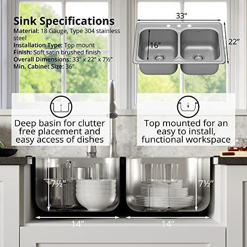 Karran 33\" Top Mount 18-Gauge Stainless Steel Double Bowl Kitchen Sink Kit - Thumbnail 4
