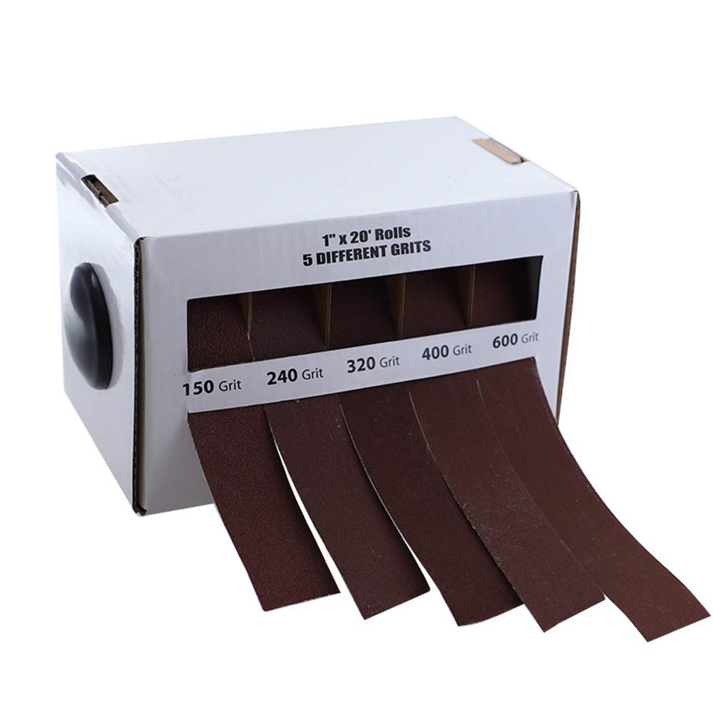 Lot de 5 rouleaux de papier de verre à dessin 25 mm x 6 m assortis pour tourneurs à bois, réparation de meubles, menuisiers, métallurgies, travaux de carrosserie automobile