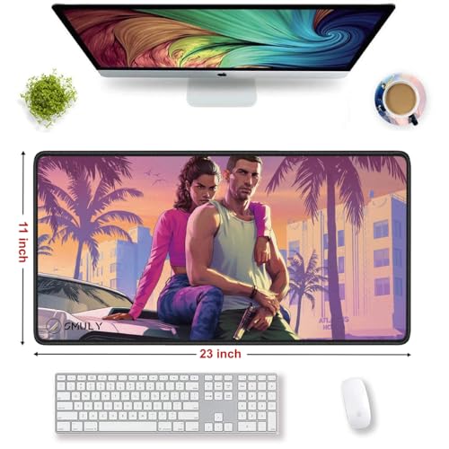 Image of GTA Inspired Gaming Mouse Pad, Large Desk Mat 58.5 x 28 cm, Extended Washable Mousepad, Desk Pad, 2mm Thick Non-Slip Rubber Base, Stitched Edges, Smooth Surface (Multicolour)