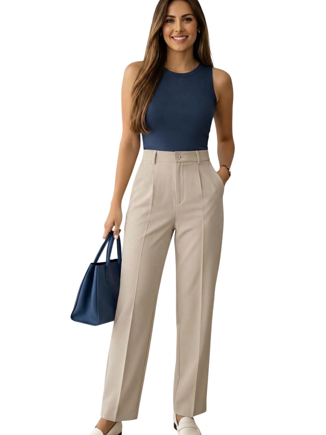 kateclo Women's High Waisted Formal Trousers - Regular Fit Straight Leg Dress Pants with Pockets for Office, Workwear, & Casual Smart Looks-picture-48