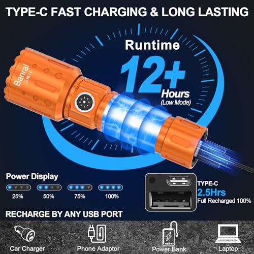 Image of Banral Flashlights High Lumens Rechargeable, Super Bright Long Range Small Powerful Flashlight, 6 Modes LED Tactical Pocket Waterproof Flash Light for Home Emergency (2, Orange)
