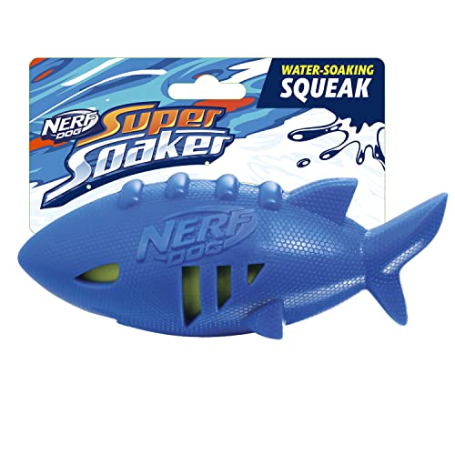 Nerf Dog Shark Football Dog Toy with Interactive Squeak and Crunch, Lightweight, Durable and Water Resistant, 7 Inch Diameter for Medium/Large Breeds, Single Unit, Blue
