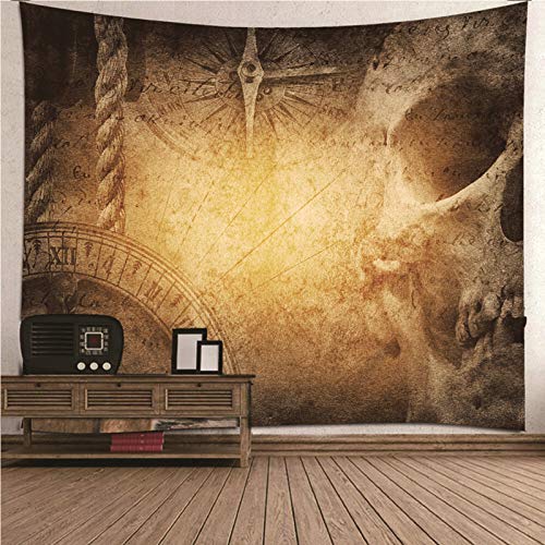 Tapiz de pared de cráneo y brújula, poliéster resistente de 150x130 cm para decoración beige