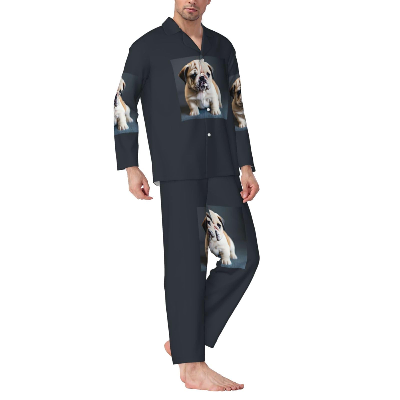 Cute Bulldog Puppy 1 Stampa Uomini Manica Lunga Pigiama Set Sleepwear Due Pezzi Lounge Set Traspirante Nightwear