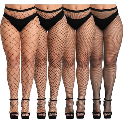 Image of URATOT 4 Pairs Plus Size Fishnet Cross Mesh Tights Sexy Fishnets Pantyhose Stockings Thigh High Stockings