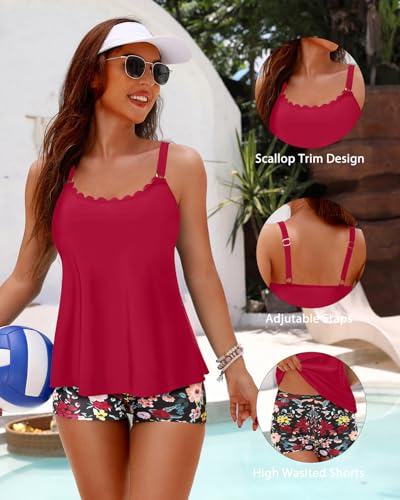 Aqua Eve Women's Two Piece Tankini Swimsuit with Shorts - Flowy Tummy Control Bathing Suit with Scallop Trim 20252