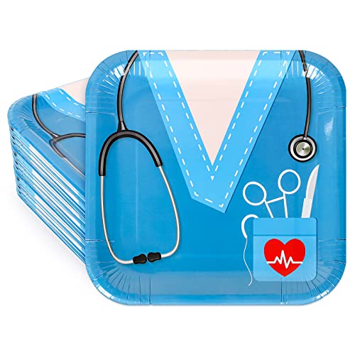 Whaline 40Pcs 2025 Nurse Graduation Paper Square Plates Disposable Plates With Doctor Uniform Stethoscope Pattern Blue White Tableware for Nurse Doctor Grad Party Table Decorations, 9.3 x 9.3Inch
