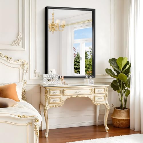 Image of Bathroom Mirror, 42 x 30 Inch Brushed Black Rectangle Mirror, 0.6 inch Thickened Deep Frame Vanity Mirrors for Bathroom Sink, Shatterproof Tempered Glass, Antirust, Horizontally or Vertically