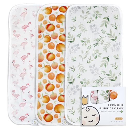 Image of Little Crown Burp Cloths 100% Organic Cotton – 3 Pack Large 21''x10'' – Ultra-Soft and Absorbent – Double Layered Baby Washcloths – Baby Girl Newborn Essentials (Eucalyptus, Peaches and Flamingos)