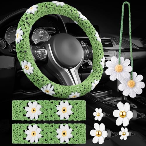 Frienda 8 Pcs Crochet Car Accessories Set Handmade Crochet Steering Wheel Cover 2 Pcs Belt Cover Hanging Cute Plants 4 Pcs Air Vent Clip for Women Men Ladies Car Inter Decorations (Daisy)