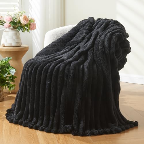 NEWCOSPLAY Super Soft Throw Blanket Black Premium Silky Flannel Fleece 3D Ribbed Jacquard Lightweight Bed Blanket All Season Use (Black Ribbed Throw(50x60))