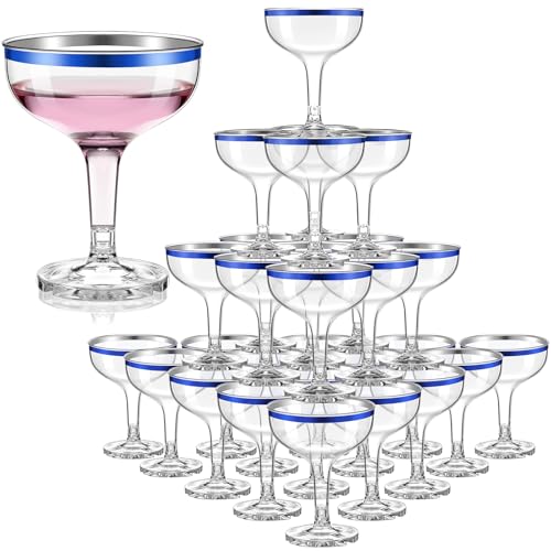 Zopeal 50 Pcs Plastic Disposable Glass, Blue Rim,Clear