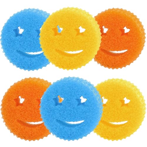6Pack Smiley Face Sponges Dual-Sided Scrubber for Dishes, Kitchen, Bathroom Car, Non-Scratch Scouring Pads with Multi-Surface Cleaning, Durable Fun Design