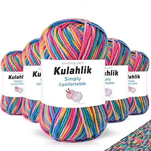 Kulahlik Hilo acrílico y ganchillo de 250 g (5 x 50 g) de hilo de algodón degradado colorido, ovillos de hilo para tejer y ganchillo, tejer manualidades, color morado, verde, amarillo, 29, morado,