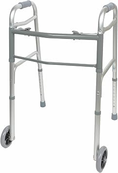 BodyMed Two Button Folding Walker with Wheels, Lightweight Mobility Aid with Foam Grips for Seniors and Adults, 300 lb. Maximum Weight Capacity