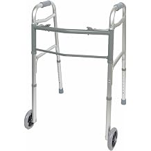 BodyMed Two Button Folding Walker with Wheels, Lightweight Mobility Aid with Foam Grips for Seniors and Adults, 300 lb. Maximum Weight Capacity