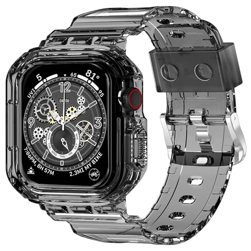 XYF Compatible for Crystal Clear Apple Watch Bands, 45mm 44mm Bumper Case for Men Women Jelly Sport Cover Strap for iWatch Ultra 3 2 Series 11 10 9 8 7 SE 6 5 4 3 (ClearBlack, 44/45)