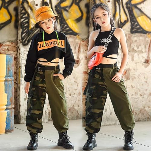Image of Rolanko Girls Cargo Pants for Kids Loose Streetwear Hip Hop Dance Cotton Cargo Jogger Pants for Kids 4-15 Years