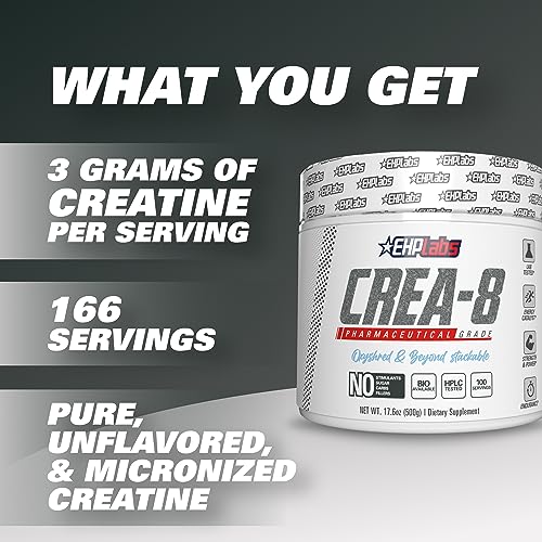 Ehplabs Crea-8 Creatine Monohydrate Powder - Creatine Powder For Building Lean Muscle Mass, Improves Strength & Power, Supports Brain Health - 100 Servings (500G) #TOP2