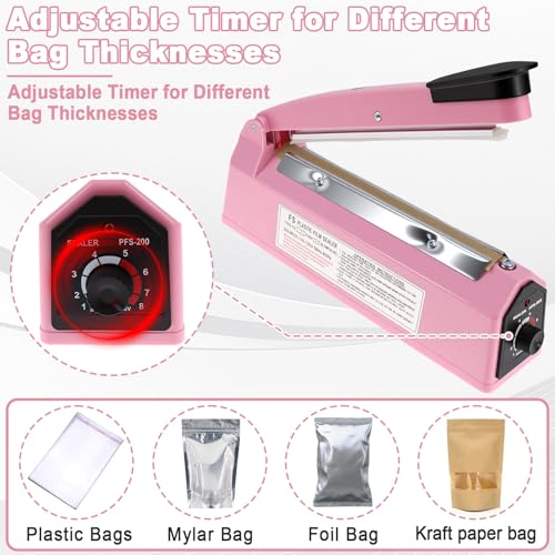 Image of 8 Inch Impulse Sealer, Manual Heat Sealer Machine for Mylar Bags, Shrink Wrap Bag Sealers Sealing Machine for Plastic PE PP Bags with 3 Free Replacements Kit Element Grip, Pink