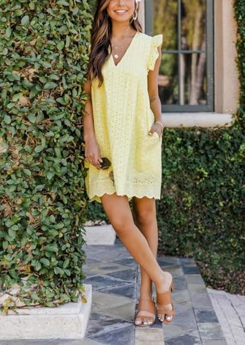Image of Women's Summer Dress with Built in Shorts Sexy Summer V Neck Ruffle Sleeve Lace California Romper Dresses for Women