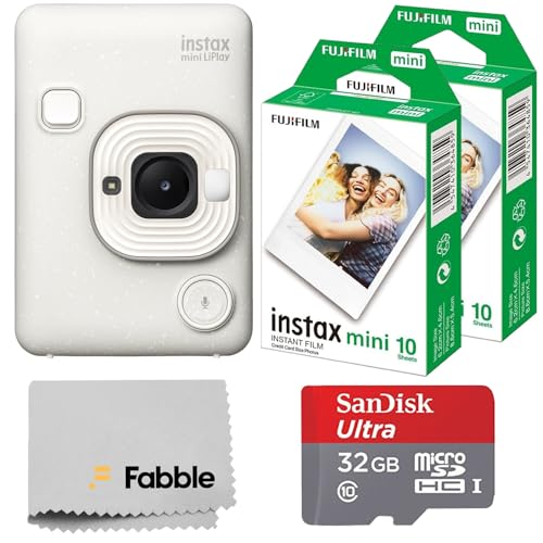 Fujifilm INSTAX Mini LiPlay Hybrid Instant Camera Bundle with 20 Sheets INSTAX Mini Film 32GB microSD Card USB Charging Cable Hand Strap Cleaning Cloth (Misty White)