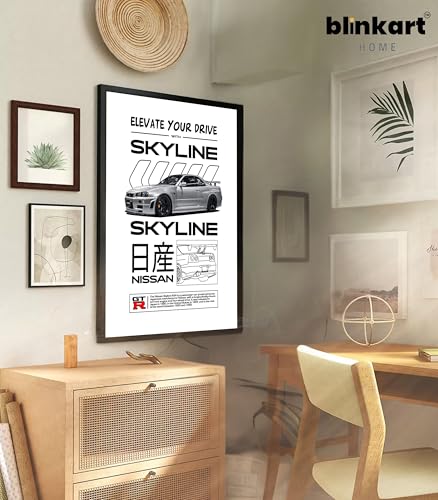 Image of BLINKART Nissan Skyline GT-R (R34) CarFramed Posters Gift Items Boys Room Wall Decoration Bedroom Office Studio Synthetic Wood Frame & Acrylic Glass Ready to Hang - 18x12 Inch, (A4 Size) - CAR-171