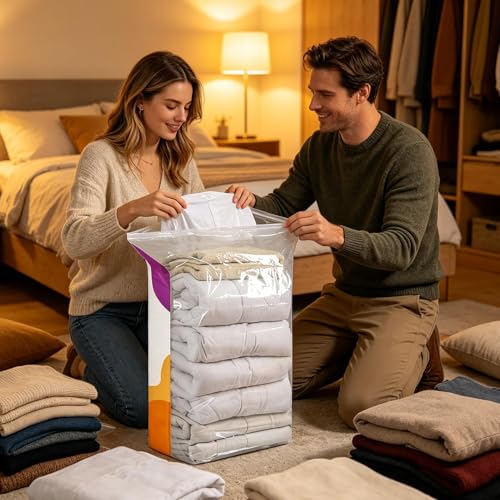 Bolsas de almacenamiento al vacío para ropa que eliminan el desorden de abrigos en su mudanza 4