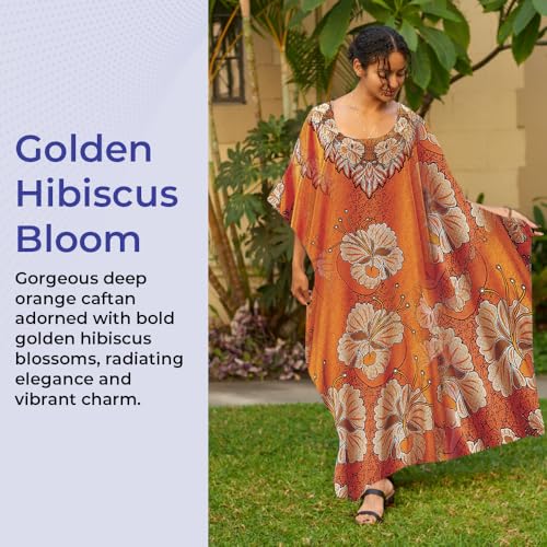 Golden Hibiscus Floral Caftan for Women, Ultimate Satin Comfort, Loungewear Dress, Swimsuit Cover Up, One Size Fits Most3