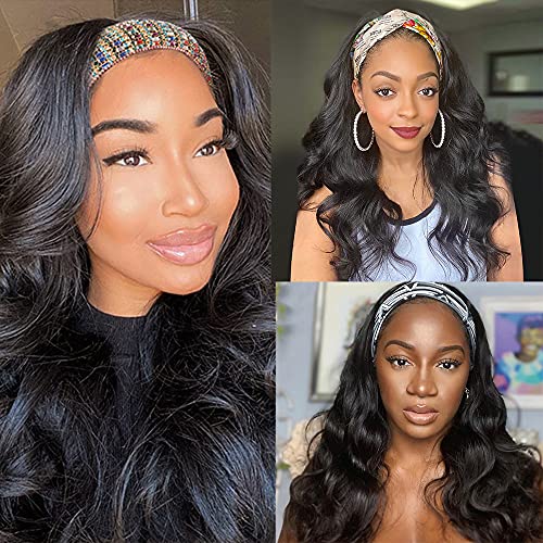 Body Wave Human Hair Headband Wig 180% Density for Black Women 20 Inch Glueless Headband Human Hair Wigs Brazilian Virgin Hair None Lace Front Wigs Natural Black Color