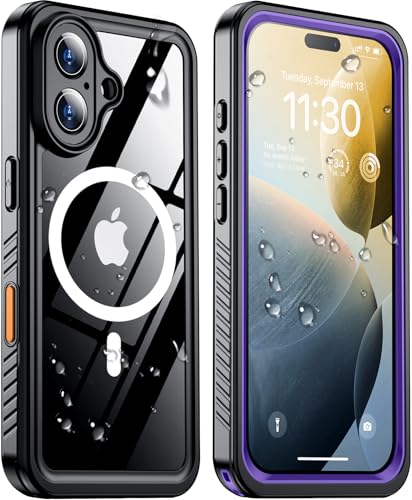 Temdan Magnetic for iPhone 16 Case Waterproof,Built-in Screen Protector[IP68 Underwater][Upgrade Military Dropproof][Compatible with MagSafe] Full Body Shockproof for Case 6.1''-Purple
