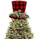 Prsildan Christmas Plaid Top Hat Tree Topper with Pine Cones, Berries, and Bells - Holiday Decor
