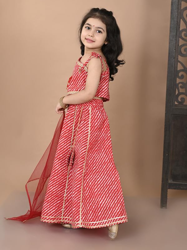 Image of superminis Girl's Cotton One Shoulder Lehariya Printed Readymade Lehenga Choli And Net Dupatta Set