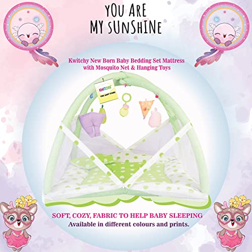 Image of Kwitchy Baby Bedding Set New Born Baby Bed | Mattress | Mosquito Net | Play Gym | Playmats | Floor Gym | Cotton | Infants | Gift Pack | Bed with Hanging Toys (0-6 Months) Green