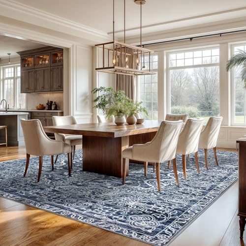 KUTA 9x12 Blue White Vintage Area Rug for Living Room, Washable Large Rugs for Bedroom 9ft x 12ft Non-Slip, Ultra Soft Printed Modern Floral Distressed Dining Room Low-Pile Wool Carpet