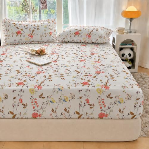 Image of VOMZER Queen Size (60x78) 300 TC Soft Cotton Feel Microfiber All Around Elastic Fitted Double Bedsheet with 2 Frill Pillow Covers | White Leaf
