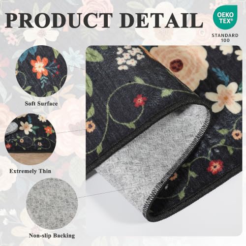 Image of DUKINO 2x3 Rugs for Entryway, Floral Indoor Washable Door Mat, Non Slip Boho Small Rug for Kitchen, Soft Low Pile, Front Door Throw Rug for Entrance, Bedroom, Kitchen, Laundry, Bathroom, Black