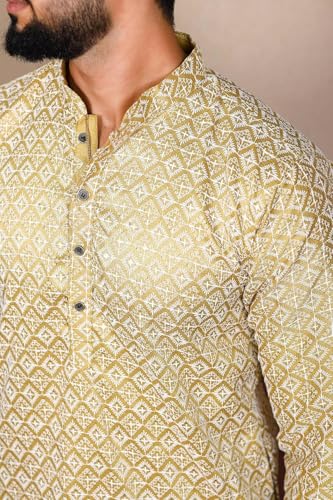 Image of LookMark Men's Printed Silk Blend Kurta with Mandarin Collar, Full Sleeves, Straight Fit Traditional Ethnic Wear