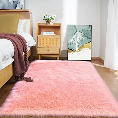 Image of Goolela Pink Fluffy Rug 4x6 Fuzzy Faux Fur Shag Sheepskin Shaggy Rug for Bedroom Living Room Washable Rectangle