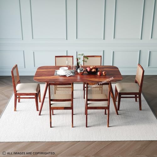 Image of WOODY Furniture Solid Sheesham Wood Dining Table 6 Seater Set | Rattan Six Seater Dinning Table with 6 Cushioned Chairs for Home | Wooden Kitchen Dinner Table 6 Seater| (Honey Finish)