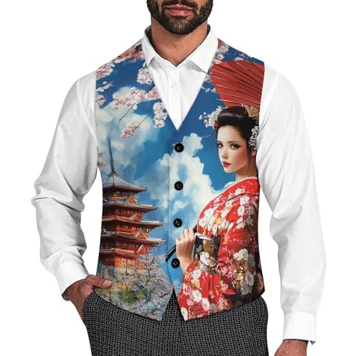 Japanese Kabuki Geisha Men's Suit Vests Dress Vest V-Neck Waistcoat Slim Business Formal with Pocket