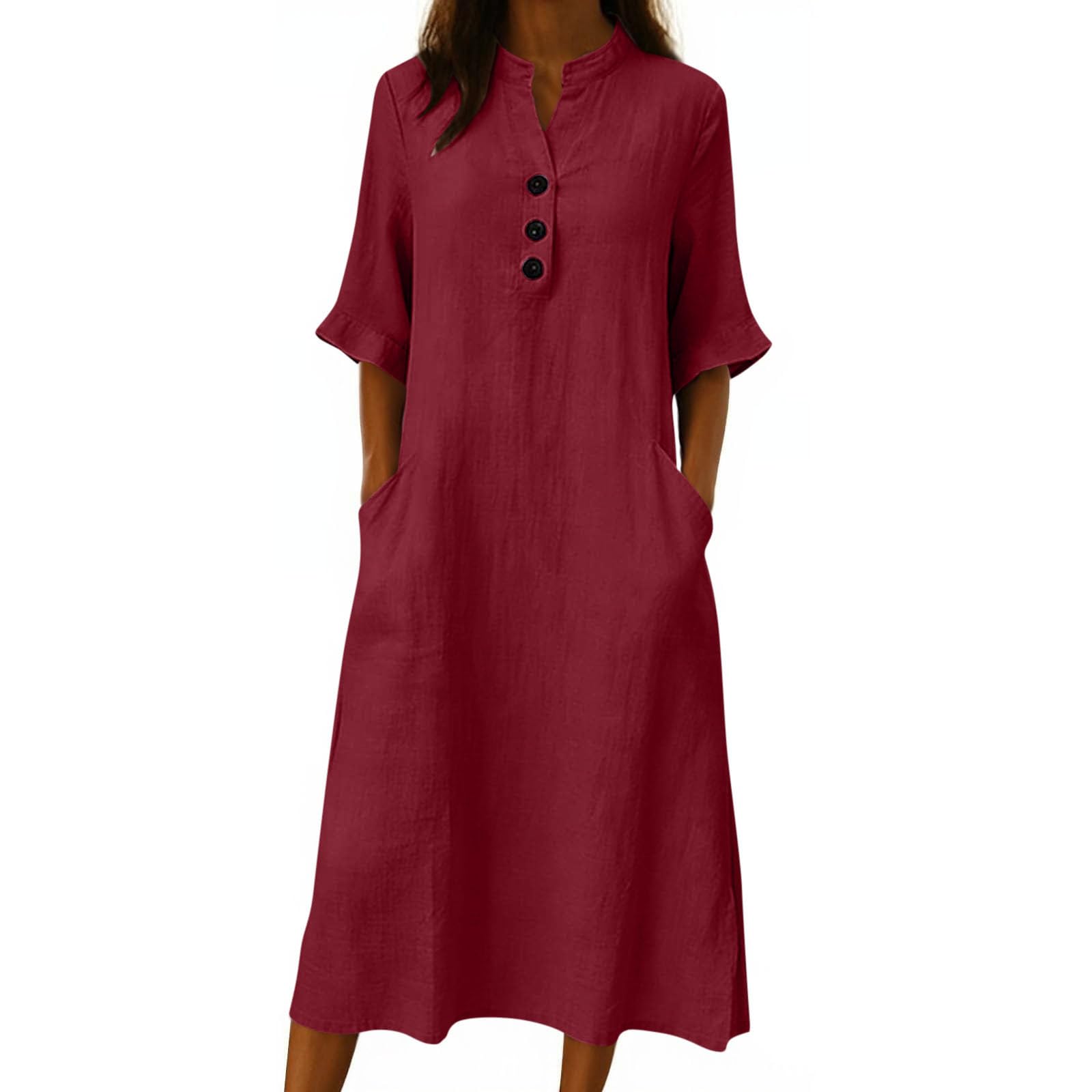 Musselin Kleid Damen Lang Sommerkleid Damen 3/4 Arm Leinenkleid Sommer Shirtkleider Casual V-Ausschnitt Hemdblusenkleid A Linien Hohe Taille Strandkleid Leicht und Luftig Freizeitkleid mit Taschen