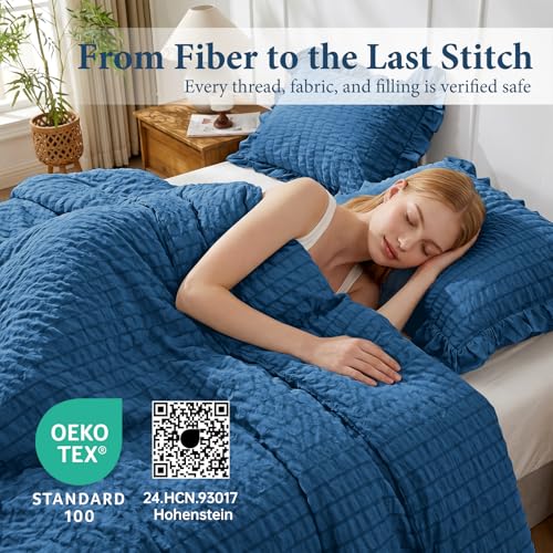 Image of JOLLYVOGUE Teal Comforter Full Size, 3 Pieces Seersucker Lightweight Full Size Bedding, All Season Fluffy Microfiber Bedding Comforter Set with 1 Ruffle Comforter and 2 Ruffle Pillowshams