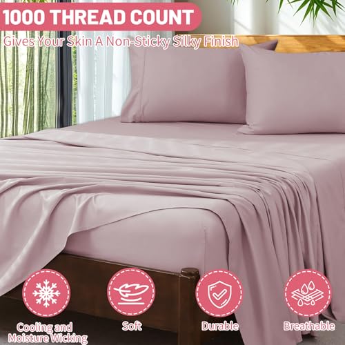 Image of Extra Deep Pocket King Sheets 18-24 Inch 100% Egyptian Cotton 1000 Thread Count Sateen Weave Soft Breathable 4 Pieces（King，Light Pink）