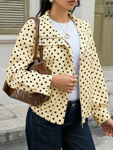 Image of Tankaneo Womens Polka Dot Zip Up Cropped Jackets | Lightweight, Lapel Collar, Casual Trendy, Fall Spring Outfits, Streetwear