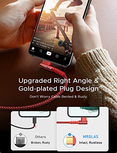 Image of MRGLAS 3.2A USB C Charger Cable,[4-Pack,10+6.6+3.3+1.6FT] USB A to USB C Right Angle Gold-Plated Type C Charger Fast Charging Durable Braided Cord for iPhone 17 16 15 Samsung S10 Note 10 S21 LG-Red