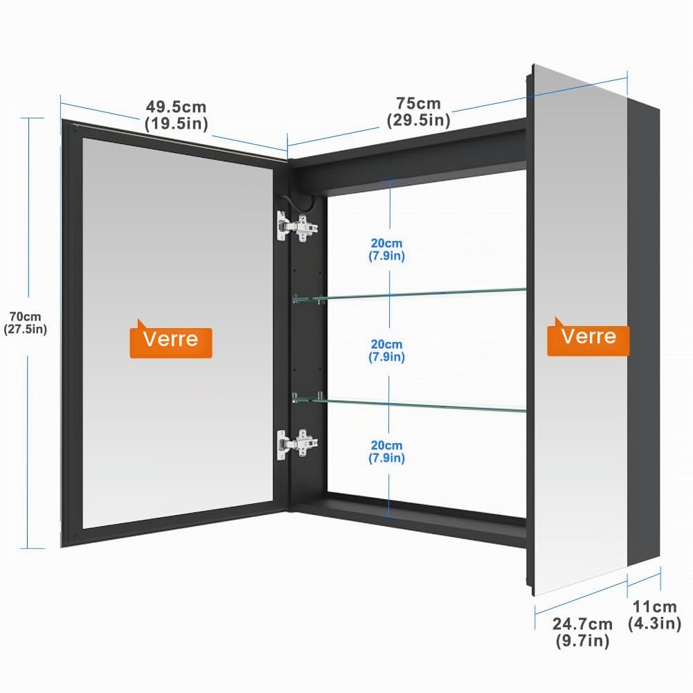 KWW LED éclairage Salle de Bains Armoire à Pharmacie avec Miroir, Température de Couleur réGlable, Anti - Buée, Prise et USB, Armoire à Pharmacie (Luminescence intérieure-2 portes-75×70)