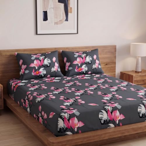 Image of Home Sizzler Microfibre 210TC Dark Grey Floral Elastic Fitted Double (72 X 78) Bedsheet with 2 Pillow Covers