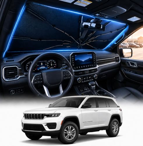 [2026 Upgraded] DooGooCoo Windshield Sun Shade Umbrella for Jeep Grand Cherokee 2011-2025 2026 [100% Sunlight Blocked Cooling Ice Crystal] Sunshade for Car Windshield for Grand Cherokee Sun Shade.